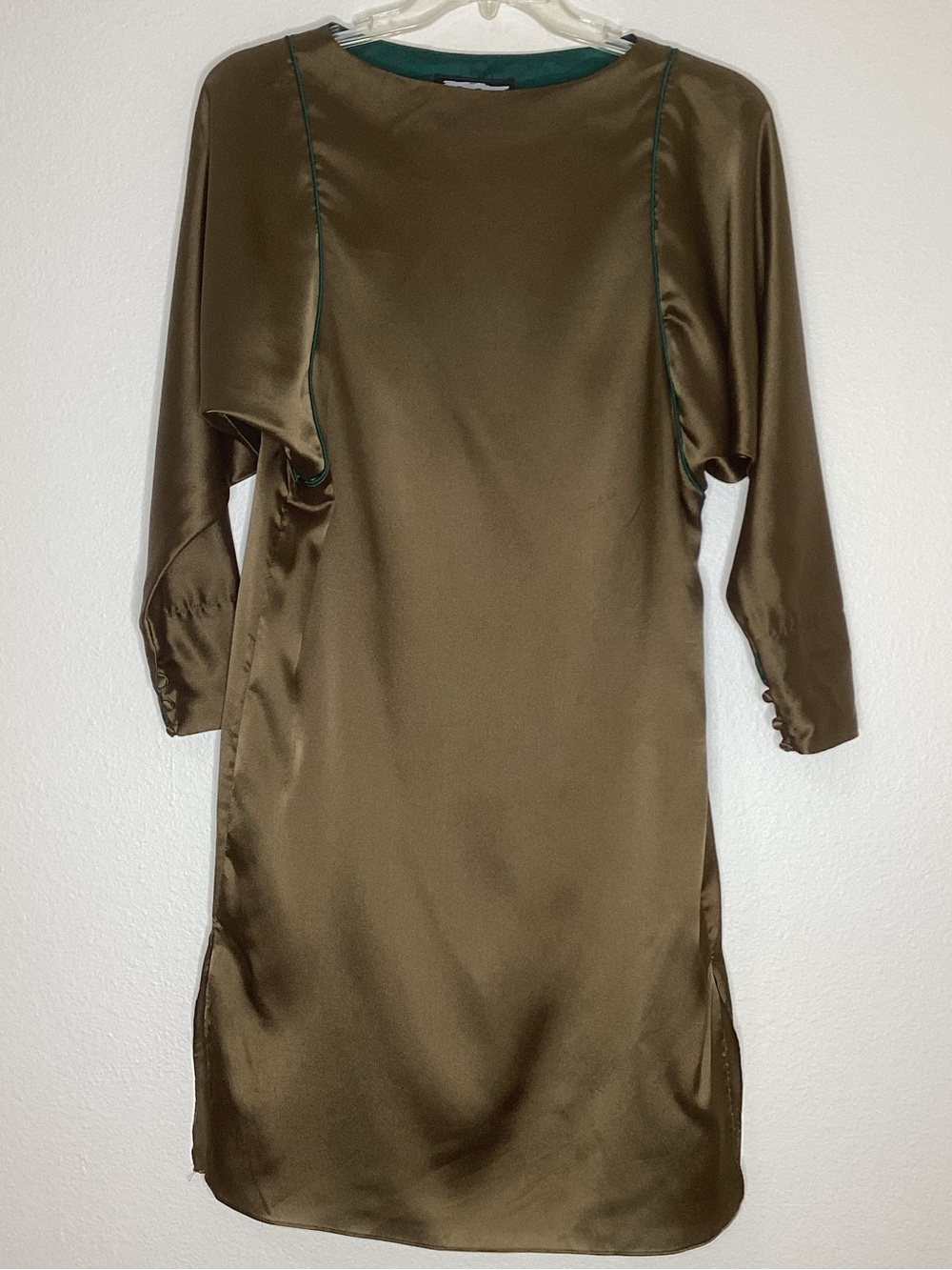 Vintage Lillie Rubin OliveBrown Green Trim Satin Shift Dress M/L